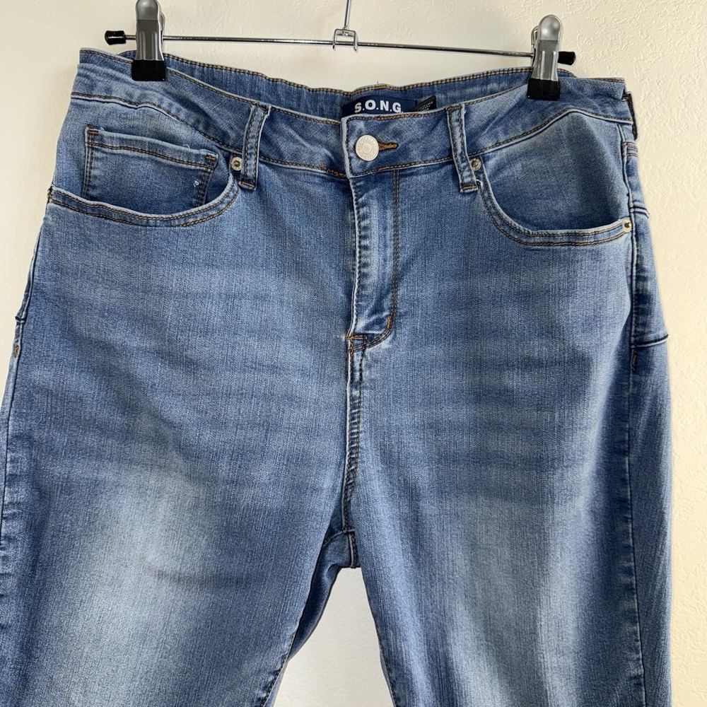 S.O.N.G Skinny Jeans Womens 15/32 Blue Distressed Stretch Denim Mid Rise Raw Hem - Picture 2 of 12